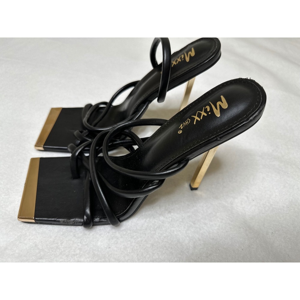Mixx Shuz Square Toe Stiletto Sandals Womens 10 Black Gold Strappy Heels Good